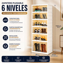 Organizador Plegable de Zapatos 6 Niveles 12 Pares de calzado con Puertas Transparentes | Zapatero Modular Ahorrador de Espacio